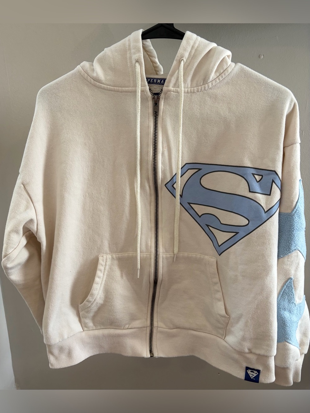 Superman DC Comics Varsity Zip Up Hoodie 38 Cream Baby Blue XS
